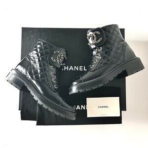 Chanel Brave Shiny Calfskin Quilted CC Chain Cap Toe Platform Short Boots 37